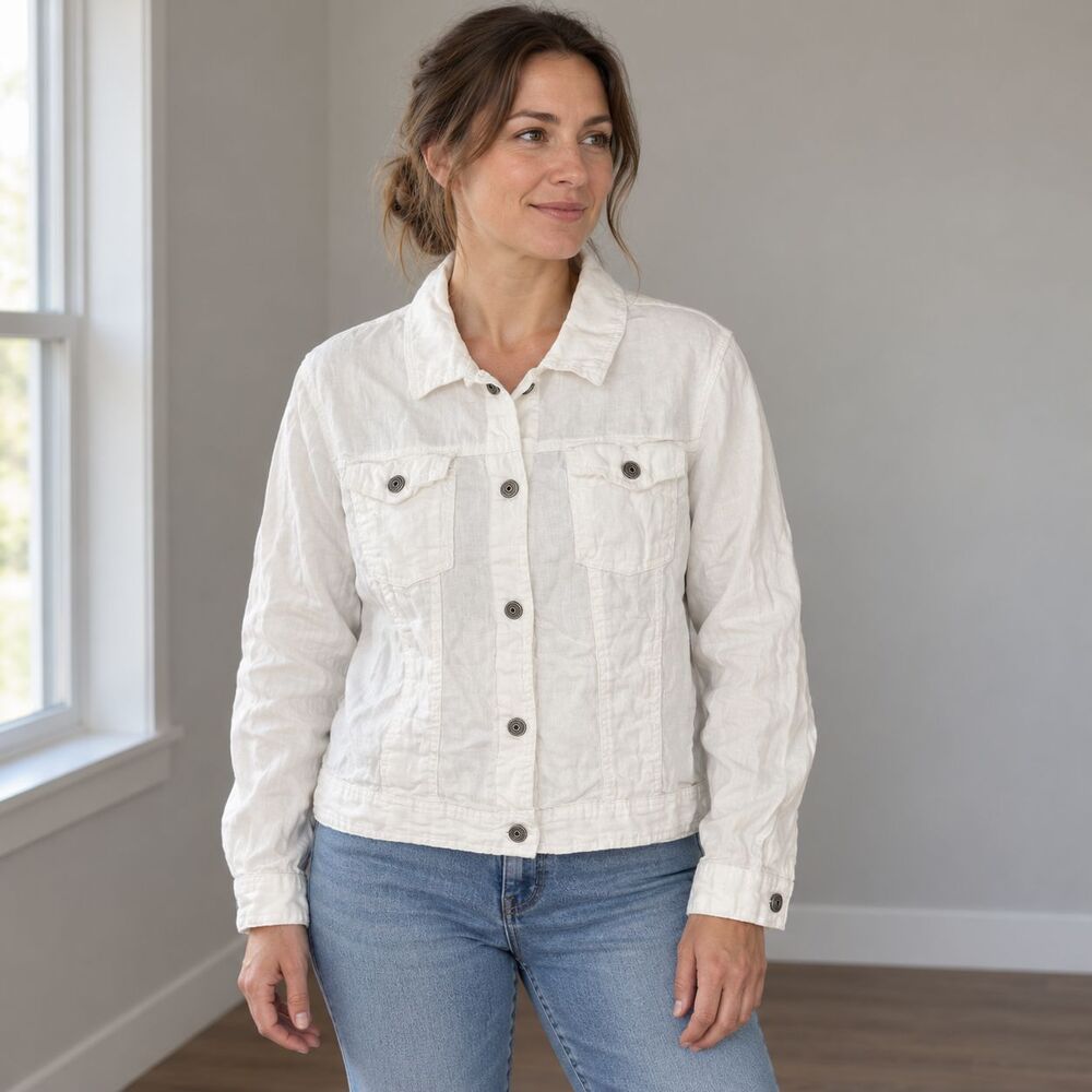 Jones & Co Jones New York Linen Trucker Jacket Womens L White Button Front